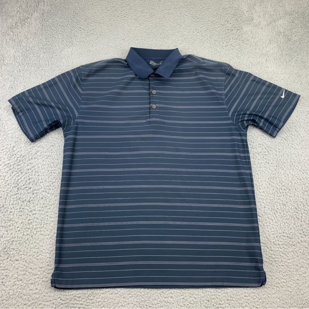 Nike Golf Shirt Mens Large Blue Stripes Polo Performance Swoosh‎ 256650-419